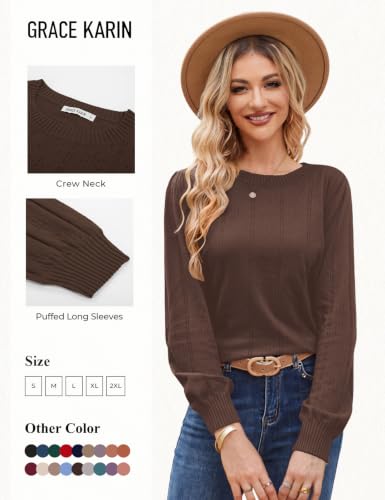 Image of GRACE KARIN Fall Sweaters for Women 2026 Puff Long Sleeve Crewneck Dressy Casual Tops Crochet Hollow Out Cute Pullover Blouse