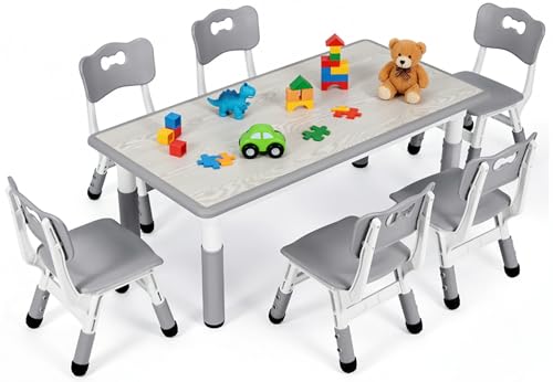 MAMIZO Table pour Enfant avec 6 Chaises, Ensemble de Table pour Enfants réglable en Hauteur, Meubles en Plastique, Table de Peinture pour Garçons et Filles à partir de 2 Ans, Gris