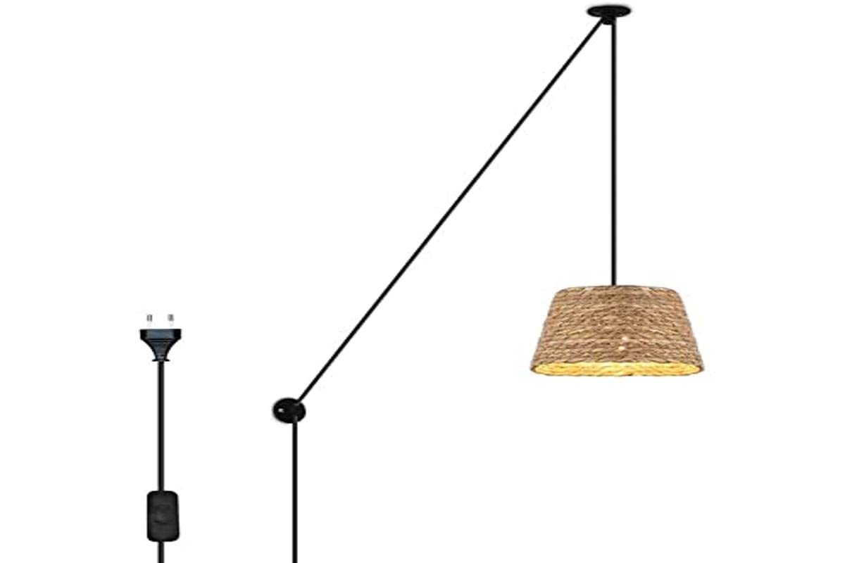 B·LED BARCELONA LED Lámpara Colgante de Cáñamo Cuerda con Cable Interruptor y Enchufe Vintage Rústico con Polea Altura Ajustable y Pantalla para Techo Pared Comedor Cocina Salón, LM162-C