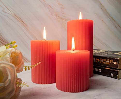Image of Floryn Decor Paraffin Wax Ribbed Scented Pillar Candles, Set of 3, Size- Full 3by3, 3by4 & 3by6 inches (English Rose)
