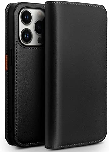 Étui portefeuille iPhone 14 Pro en cuir véritable noir chic à rabat