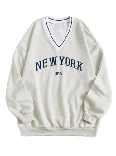 Remidoo Womens New York Embroidered V Neck Sweatshirt Oversized Long Sleeve Pullover Top Grey Small