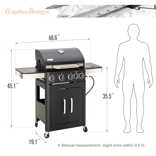 Image of Captiva Designs 4-Burner Propane Gas BBQ Grill with Side Burner & Porcelain-Enameled Cast Iron Grates, 46,700 BTU Output for Outdoor Cooking Kitchen and Patio Backyard Barbecue, Black