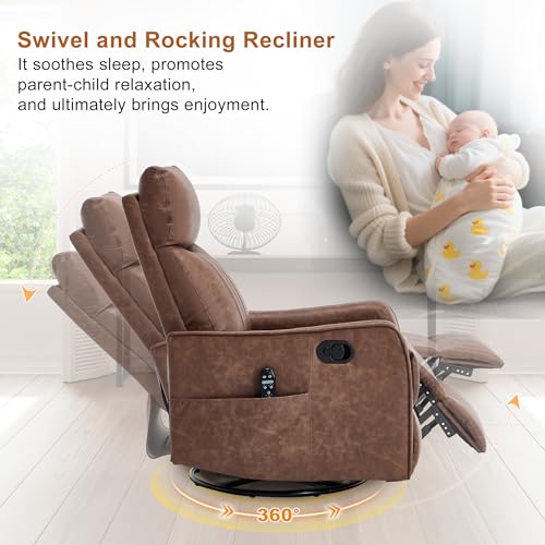 Image of Manual Swivel Rocker Recliner Chair for Adults, Overstuffed Reclining Glider Chair for Nursing with Vibration Massage & Heat, Living Room Rocking Recliner 2-Stage backrest, Faux Leather Brown