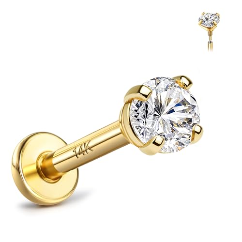 GEMQUEEN 14K Solid Gold Flat Back Earring Hypoallergenic - 18G Cartilage Tragus Conch Helix Medusa Piercing Jewelry Extend Internal Thread Labret Lip Nose Stud for Women Men Simulated Diamond CZ 3mm