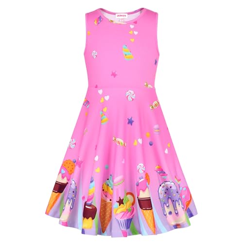 JESKIDS Unicorn Dress for Little Girls Sleeveless Casual Twist Printed Summer Dress, Pink Candy Ice Cream, 6-7 Years