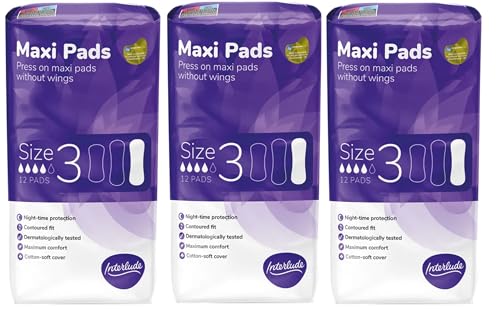 Interlude Maxi Night Pads for Heavy Bladder Weakness, 36 Incontinence Pads (3 x 12 Packs) for Women, Maternity and Menstration - Specifically Designed for Overnight Protection