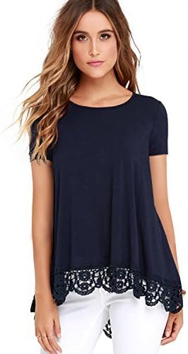 FISOUL Women's Tops Long Sleeve Lace Trim O-Neck A-Line Tunic Tops