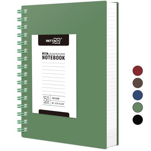 RETTACY A5 Notebook, Notepad, Wirebound Spiral Notebooks 300Pages /150 Sheets for Writing,100gsm College-Ruled Paper, Retro PVC Cover, for Women Men Work Office School,14.5 x 21cm - Dark Green