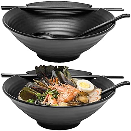 Kimi Cuisine Ramen Bowl Set of 2, 8pcs Total with Chopsticks, Black Melamine Bowls with Soup Ladle Spoons, Saucer Cups and Large 37 oz