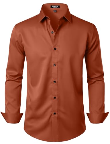 JEMITOP Men's Stretch Wrinkle Free Dress Shirts Formal Wedding Prom Long Sleeve Button Down Shirt Burnt Orange XXL