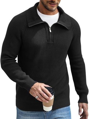 Image of Danfiki Men's Quarter Zip Jumper Mock Neck Pullover Slim Fit Sweaters Knit Texture Black