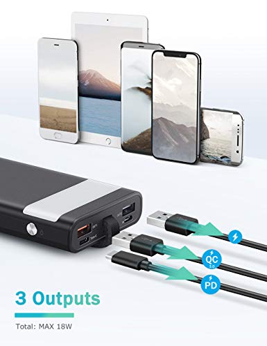 MOSFiATA 18W 10000 mAh USB C Power Bank, PD+QC 3.0 USB- C Fast Charger, 2 Input and 3 Output Portal with High-Speed Charging Tech, Emergency Flashlight and Leather Rope for Easy Carrying