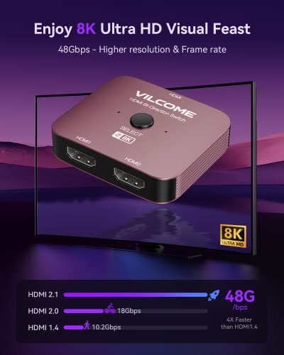 Vilcome Hdmi 2.1 Switch, 4K 120Hz Hdmi Switcher Ultra Hd 8K Hdmi Splitter 2 In 1 Out 48Gbps Hdmi Hub Support Hdr 8K@60Hz, 4K@144Hz, 2K@240Hz For Ps4/Ps5 Xbox Roku Apple Tv Fire Stick Rose Gold #TOP1