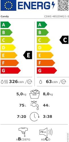 Candy CSWS 4852DWE/1-S Lave-linge séchant Smart - Pose libre, 8+5 kg, 1400 tr/min, Fonction vapeur, NFC, Cycles rapides, Blanc, Classe E