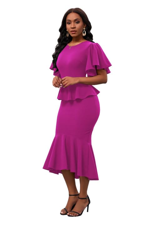 Image of Womens Summer Ruffle Short Sleeve Fishtail Dress Evening Cocktail Formal Peplum Midi Mermaid Dresses Elegant