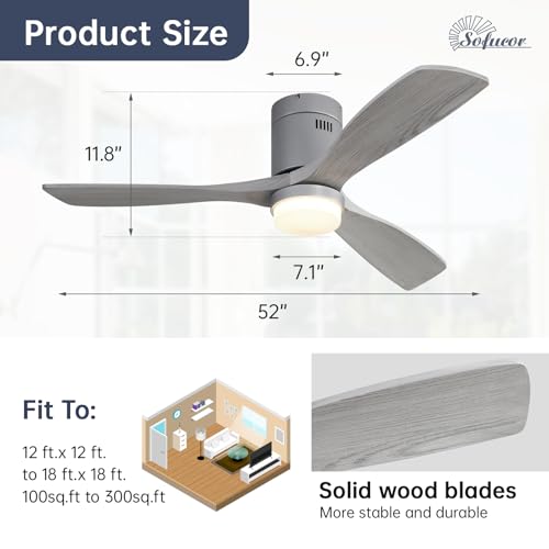 Image of Sofucor 52 Inch Low Profile Ceiling Fan with Light and Remote, Flush Mount