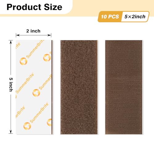 Image of SummerBrite 10 Pairs Brown Hook and Loop Strips 2 x 5 Inch, Heavy Duty Adhesive Fasteners for Wood Surfaces, Wide Sticky Back Mounting Tape for Furniture & Cabinets, Industrial Strength
