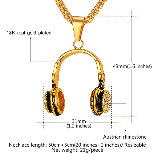 U7 Rock Music Necklace with Adjustable Chain, Stainless Steel 18K Gold Plated Hip Hop Punk Rock Sign Horn/Headphone/Microphone Necklaces for Men Women Teens4