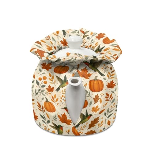 Image of Hummingbird Tea Cosy for Teapot Insulated Kettle Cover, Maple Leaf Breakfast Warmer Kitchen Teapot Dust Cover Washable Tea Cozy Tabletop Decorations for Afternoon Party Gift for Holiday