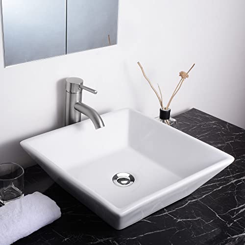 Aquaterior Square White Porcelain Ceramic Bathroom Vessel Sink Bowl Basin With Chrome Drain 16-1/7"X16-1/7"X4-1/3"H #TOP1