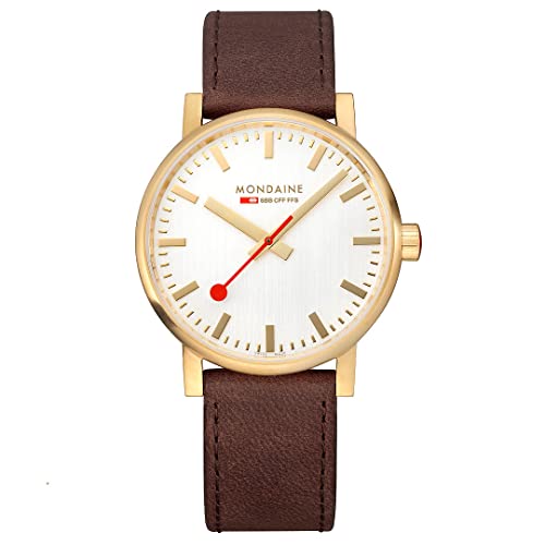 Mondaine - Evo2 MSE.40112.LG - Reloj para Hombre 40mm - Reloj de estación de Tren Dorado con Correa de Piel marrón - Resistente al Agua 30m Cristal de Zafiro - Fabricado en Suiza, marrón, Correa