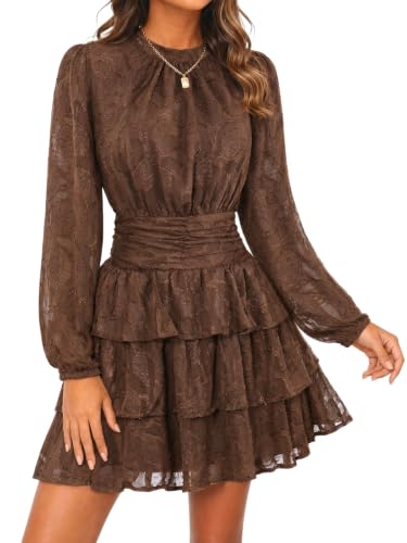 Image of Wenrine Womens Long Sleeve Mini Dress Floral Tiered Smocked Party Dresses | Cut Out, High Waist, Ruffle Design, Boho Style, Button Back, Night Out, Fall Winter