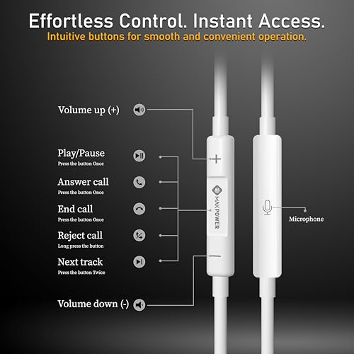 Image of MAKPOWER Type C Wired Earphone with in Line HD Microphone & Volume Controller, Heavy Bass, Premium HD Audio, 120 cm Tangle-Free Cable Compatible with, Android Smartphones & All Type-c Mobiles (White)