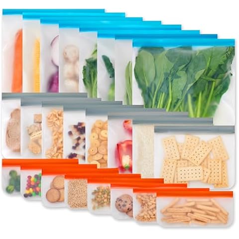 Leetaltree Reusable Food Storage Bags, 24 Pack Dishwasher Freezer Safe PEVA Bags, Leak Proof & Airtight Reusable Freezer Bags for Food Storage and Home Organization Cover