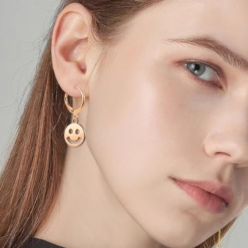 Image of Smiley Face Earrings Huggie Hoop Y2K Preppy Happy Lightning Bolt Heart Star Small Dangle Colorful Gold White Red Pink Yellow Blue Jewelry