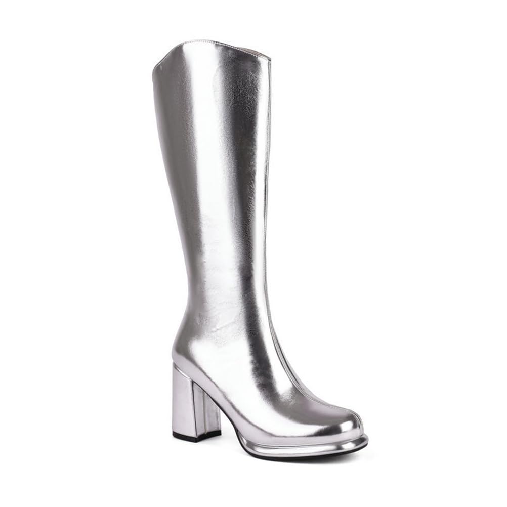 Womens Golden Knee High Boots Chunky Block Heel Square Toe Stretch Side Zipper Fall Weather Winter Boots