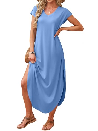 Image of RUMIA Summer Maxi Dresses for Women Cap Sleeve Long Sundress with Pockets