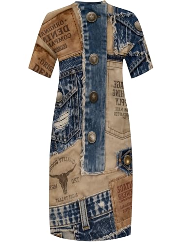 Image of SUZONANA Plus Size Denim Print Maxi Dresses for Women Casual V Neck Short Sleeve with Pockets Soft Jean Look Dress XL-6XL