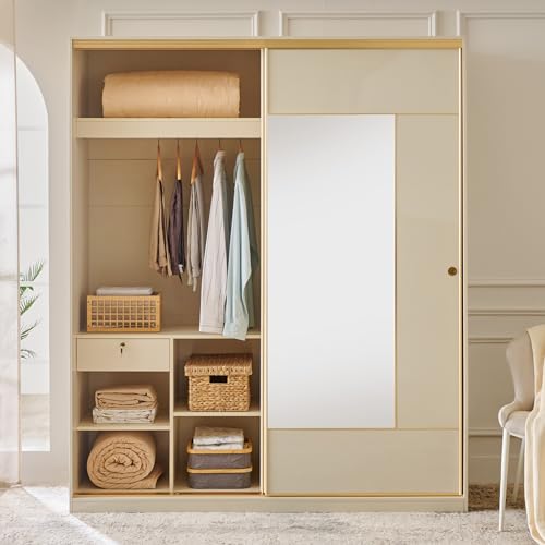 Image of Home Centre | Modern | Engineered Wood | 2 Door Sliding Wardrobes | with Mirror | Cream | 1 Year Warranty