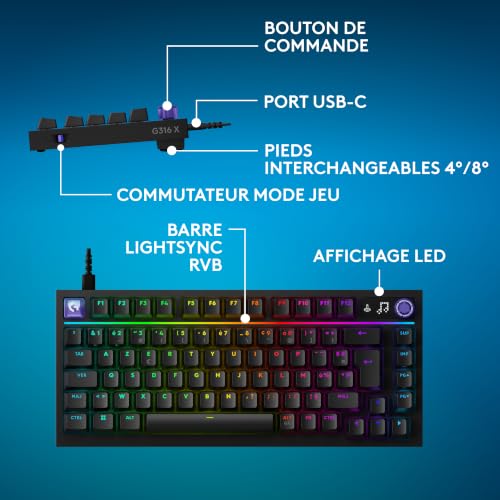 Logitech G G316 X 75, Clavier gaming filaire 75 % (AZERTY France) | 8 kHz, Switchs tactiles interchangeables, structure à joint, affichage LED matriciel & molette, PBT, USB-C, RVB LIGHTSYNC, PC