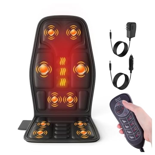 Back Massager with Heat for Pain Relief, Back Massage Chair Pad, Full Body Massage, Deep Tissue Vibration Massager with 2 Adapters, Office and Recliner