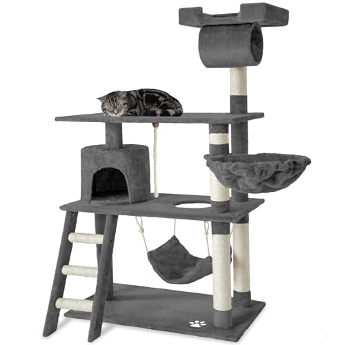 tectake Arbre à Chat avec Tunnel, Panier et Grattoir - Gris