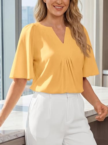 Cicy Bell Womens Summer Blouses Bell Short Sleeve V Neck Babydoll Flowy Tops Dressy Casual Loose Fit Beach Pleated Shirts Yellow — view 2