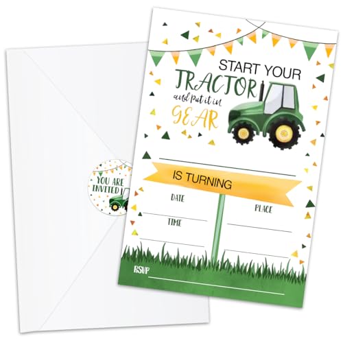 Invitation anniversaire tracteur avec enveloppes et autocollants pour fête enfant x20
