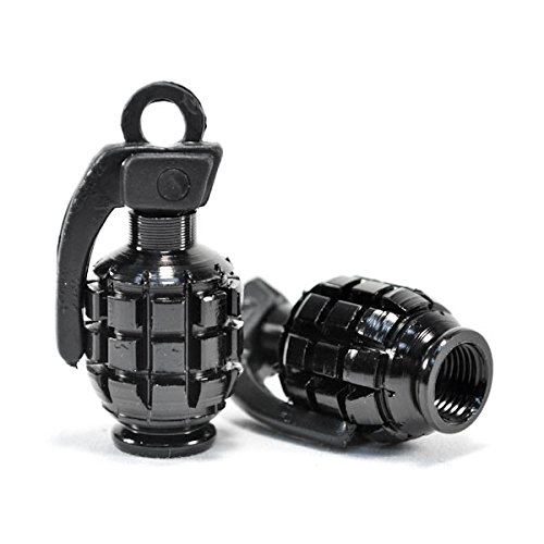 Pair of Black Motorcycle Tire Wheel Valve Stem Caps Grenade Compatible with Harley Davidsons, Suzuki, Honda, Kawasaki, Yamaha, Metric Cruisers, Sport Bikes, Choppers