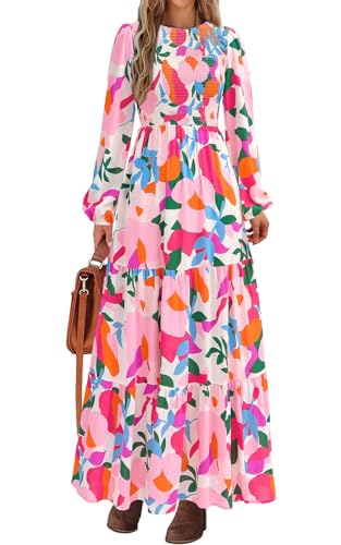 PRETTYGARDEN Women's Fall Dresses 2025 Long Sleeve Flowy Casual Floral Maxi Dress Crew Neck Smocked Tiered Long Dress