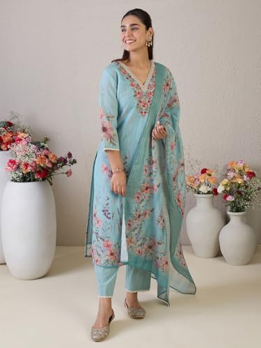 Image of INDO ERA Women's Straight Linen Floral Printed Embroidered Kurta & Pant with Dupatta Set