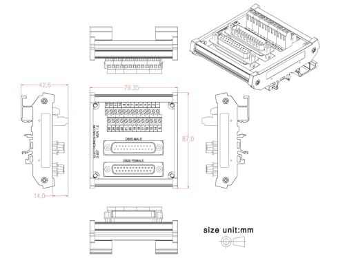 Electronics-Salon DB25 D-SUB DIN Rail Mount Interface Module, Male/Female, DSUB Breakout Board.