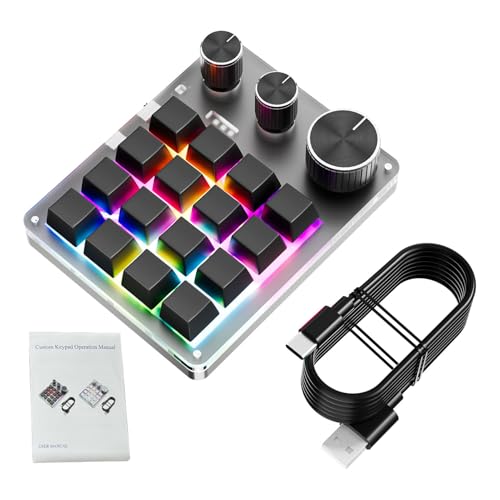 Yanmis Programowalna Klawiatura, 16 Klawiszy 3 Pokrętła Konfigurowalna Przewodowa Klawiatura do Gier USB do Skrótów Regulacji Głośności, Programowania Gier (BLACK)