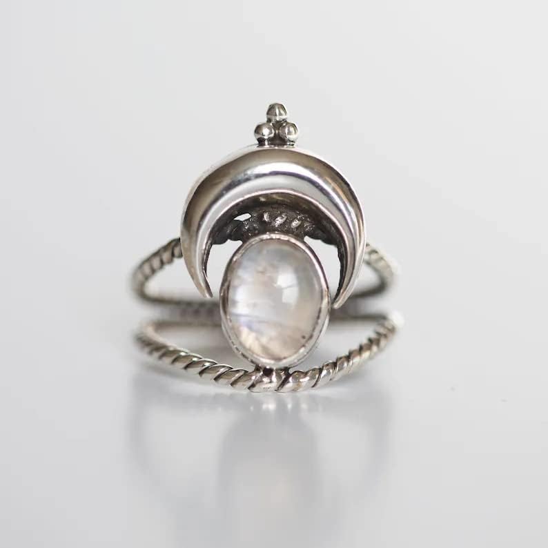 QUSIIOSLK 925 Silver Plated Vintage Moonlight Gemstone Moon Ring Boho Twisted Rope Crescent Band Natural Moonstone Birthstone Solitaire Ring for Women Jewelry Gift Size 6-10 6 image 5