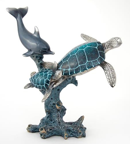 Dolphin and Sea Turtle Swimming on Coral Reef Ocean Figurine