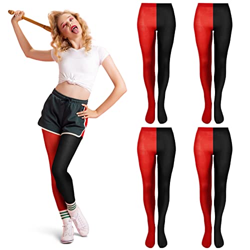 Tarpop 4 Pairs Halloween Two Toned Jester Tights Thigh High Opaque Stockings Pantyhose Jester Stockings Hosiery Leggings with Reinforced Toe for Party Cosplay