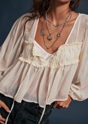 Image of Sexy Ruffle Shirt Flowy Lace Long Sleeve Front Tie Chiffon Top Boho Embroidered Peasant Blouse Summer Bow Tie Front Peplum Tops for Women