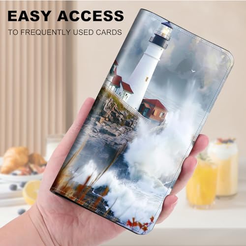 Wallet for Men Women & Phone Purse Wallet, RFID Blocking PU Leather Dual Magnetic Clasp Closure Phone Purse + Credit Card Holder for Phone Organizer Ladies Travel Purse,Lighthouse Beacon Clouds3