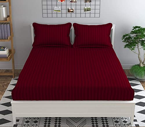 Image of KAWI Satin Cotton 210 TC Striped Elastic Fitted Bedsheet Queen Size (78X72XUp To 6 Inches Mattress)-Red Color